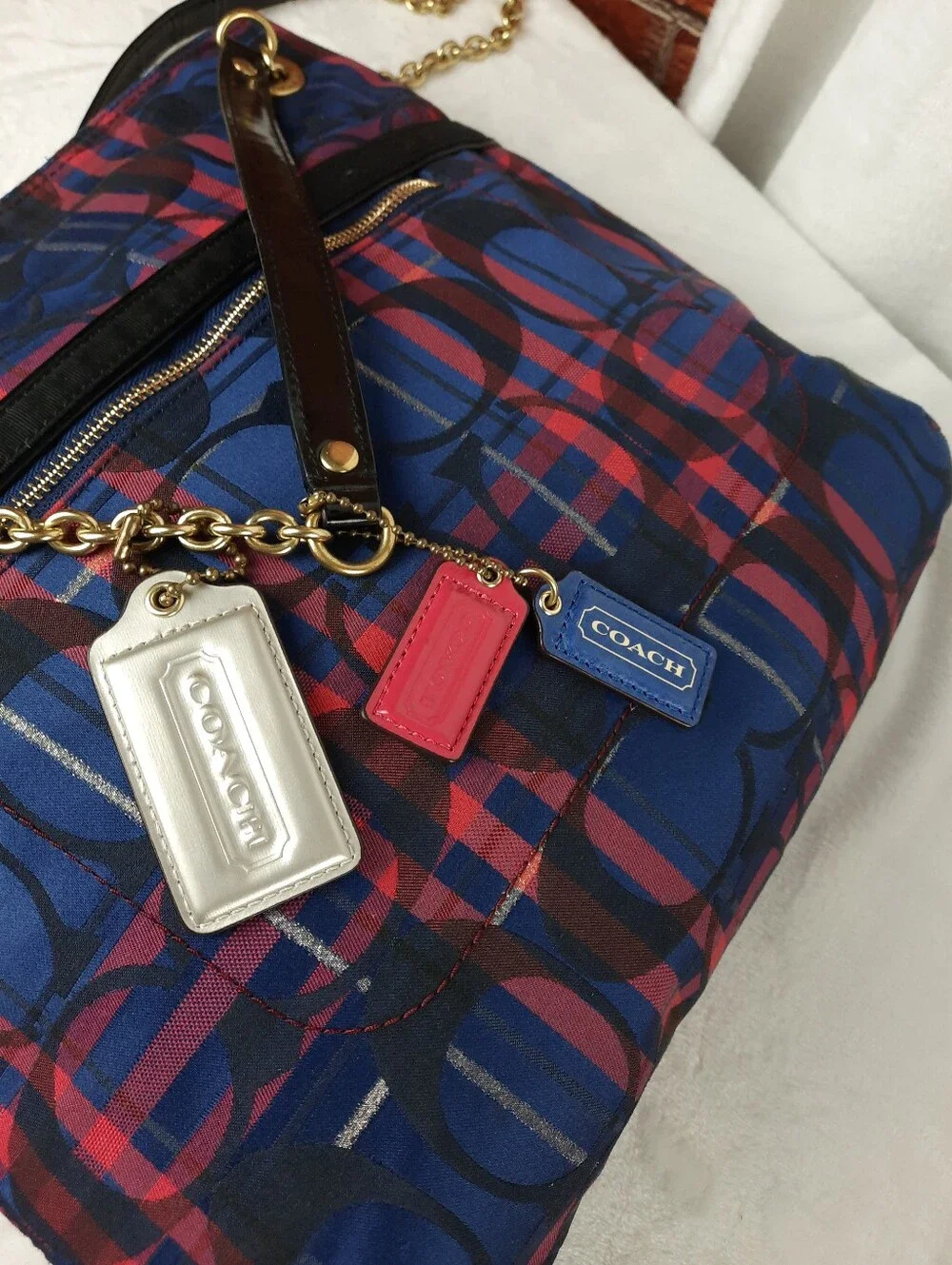Coach Navy & Red Signature Plaid Denim Tote Bag